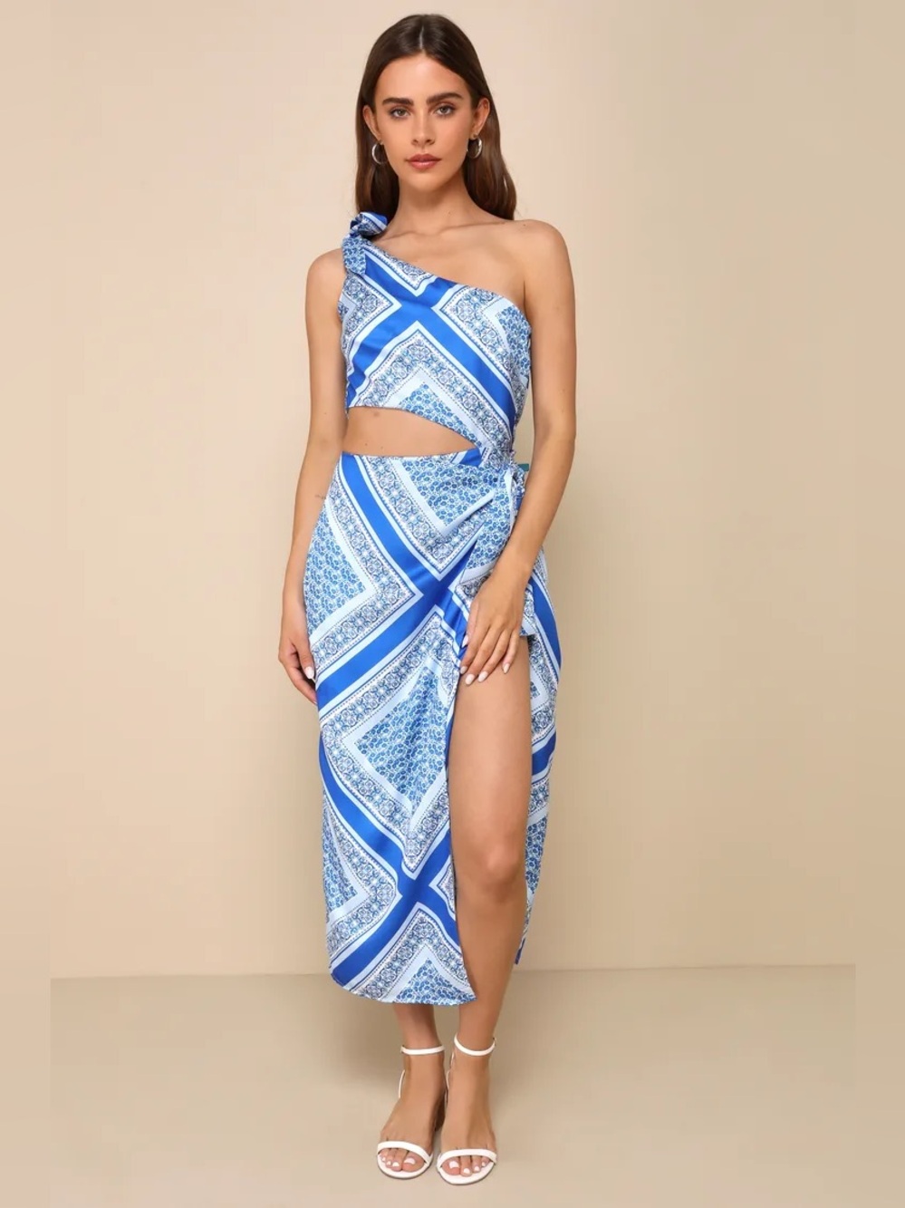 Lulu's Blue One-Shoulder Printed Cutout Midi Dress with Side Slit